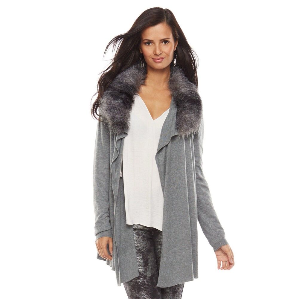 Jennifer Lopez Jlo Faux-Fur Open-Front Cardigan Large Gray